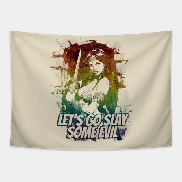 "Let's Go Slay Some Evil" Vintage Barbarian Fantasy Tapestry by Nonstop Shirts