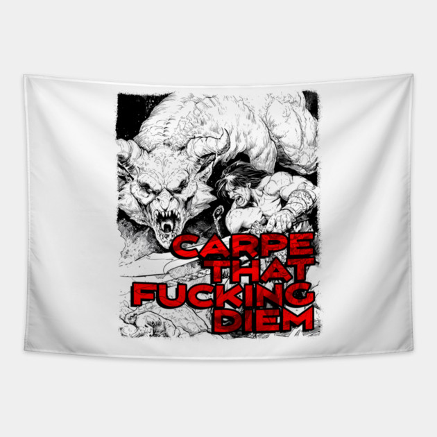 "Carpe That F*cking Diem" Vintage Barbarian Fantasy Tapestry by Nonstop Shirts