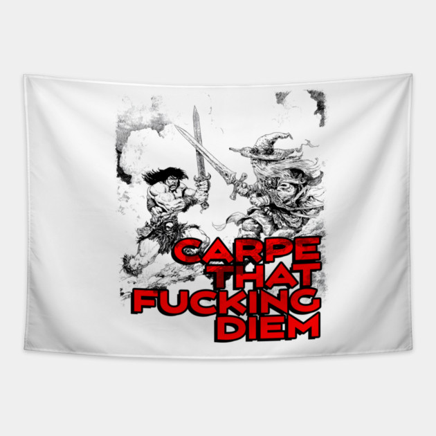 "Carpe That F*cking Diem" Vintage Barbarian Fantasy Tapestry by Nonstop Shirts