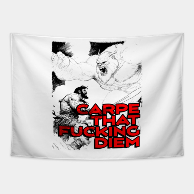 "Carpe That F*cking Diem" Vintage Barbarian Fantasy Tapestry by Nonstop Shirts