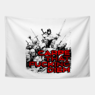 "Carpe That F*cking Diem" Vintage Barbarian Fantasy Tapestry