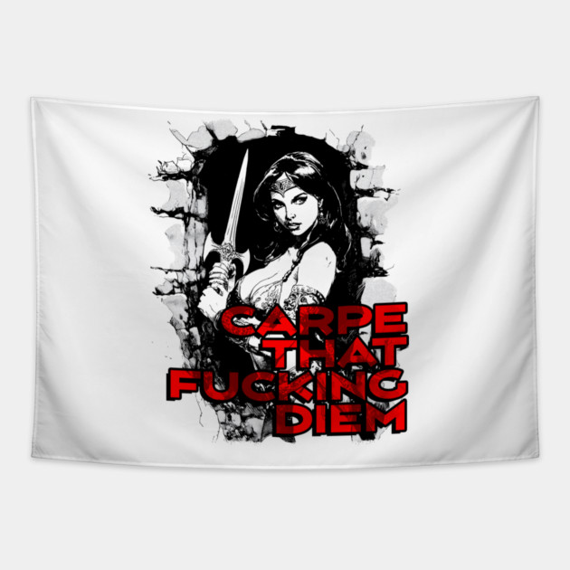 "Carpe That F*cking Diem" Vintage Barbarian Fantasy Tapestry by Nonstop Shirts