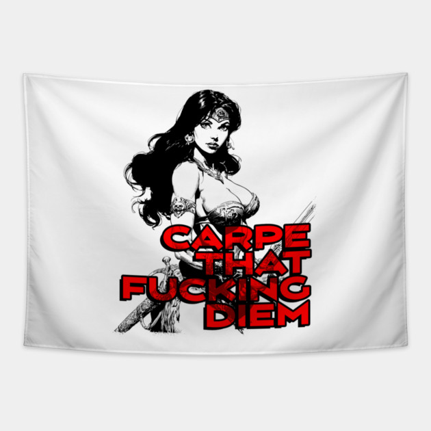"Carpe That F*cking Diem" Vintage Barbarian Fantasy Tapestry by Nonstop Shirts