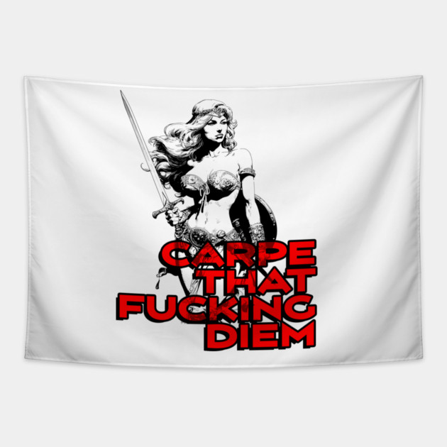 "Carpe That F*cking Diem" Vintage Barbarian Fantasy Tapestry by Nonstop Shirts