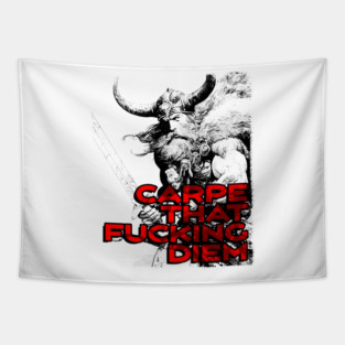 "Carpe That F*cking Diem" Vintage Barbarian Fantasy Tapestry
