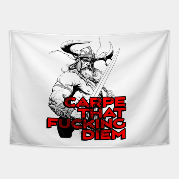 "Carpe That F*cking Diem" Vintage Barbarian Fantasy Tapestry by Nonstop Shirts