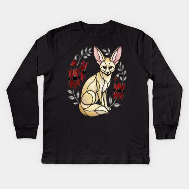 Fennec Fox Stained Glass Botanical Wildlife Art Kids Long Sleeve T-Shirt by BirdsnStuff