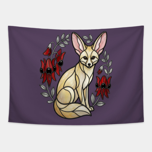 Fennec Fox Stained Glass Botanical Wildlife Art Tapestry by BirdsnStuff