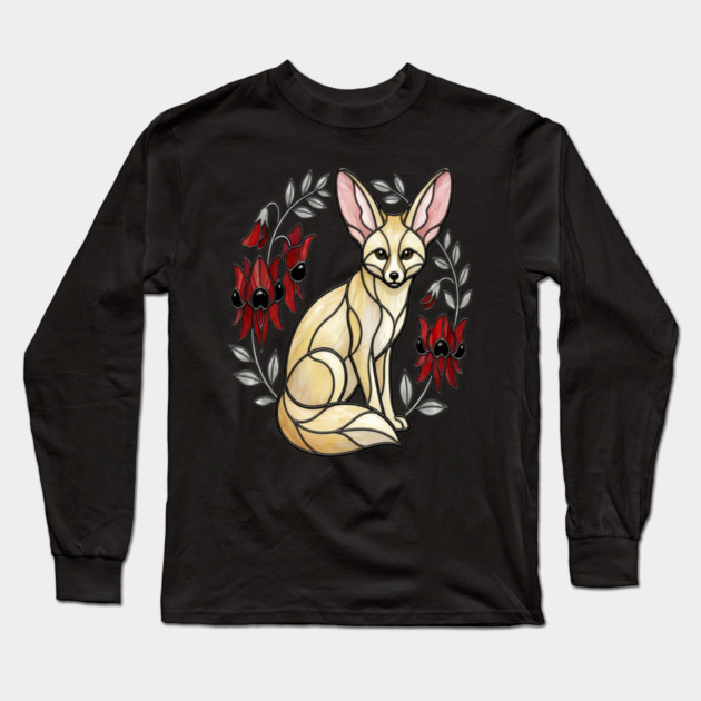 Fennec Fox Stained Glass Botanical Wildlife Art Long Sleeve T-Shirt by BirdsnStuff