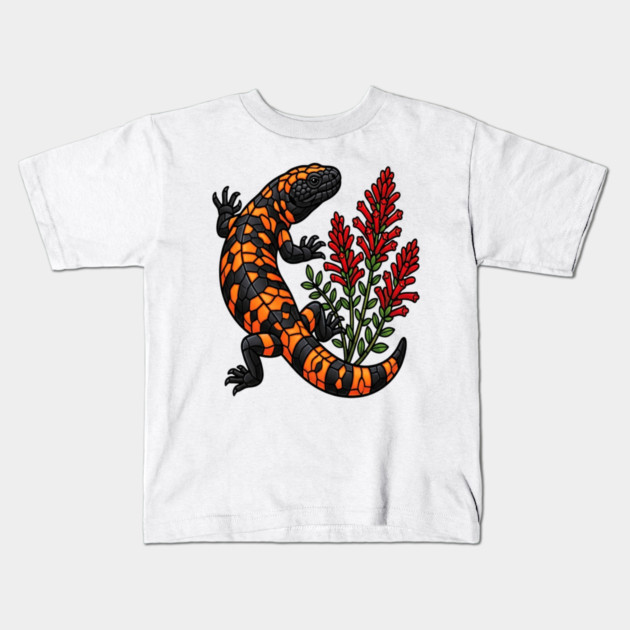 Gila Monster Lizard Stained Glass Botanical Wildlife Art Kids T-Shirt by BirdsnStuff
