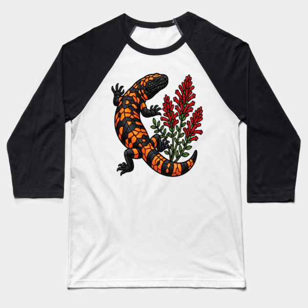Gila Monster Lizard Stained Glass Botanical Wildlife Art Baseball T-Shirt by BirdsnStuff