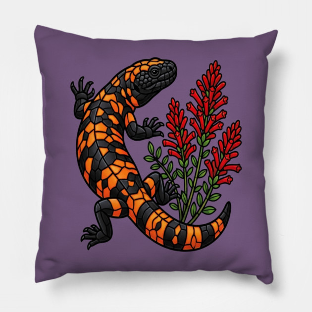 Gila Monster Lizard Stained Glass Botanical Wildlife Art Pillow by BirdsnStuff