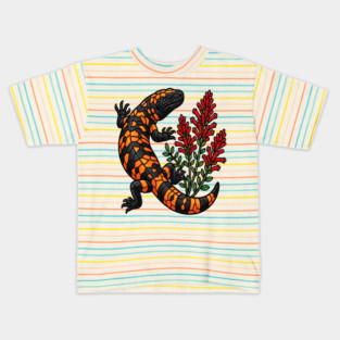 Gila Monster Lizard Stained Glass Botanical Wildlife Art Kids T-Shirt