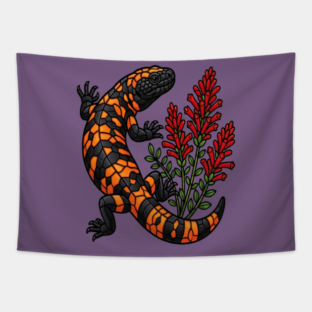 Gila Monster Lizard Stained Glass Botanical Wildlife Art Tapestry by BirdsnStuff
