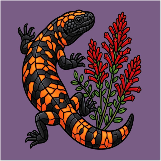 Gila Monster Lizard Stained Glass Botanical Wildlife Art Wall Art by BirdsnStuff