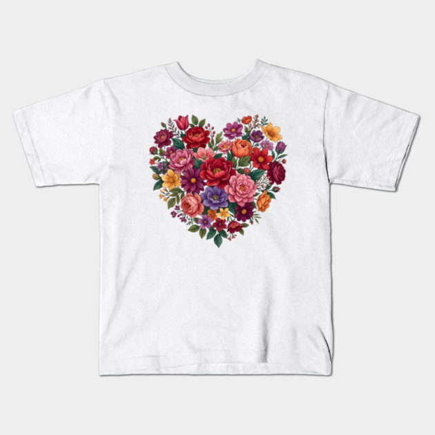 Floral Heart Bouquet Romantic Botanical Bloom Kids T-Shirt by Creatifly Graphic Tees