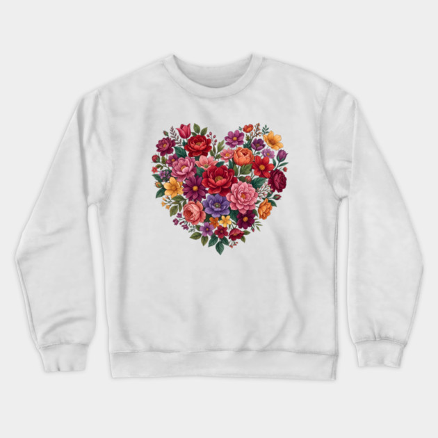 Floral Heart Bouquet Romantic Botanical Bloom Crewneck Sweatshirt by Creatifly Graphic Tees