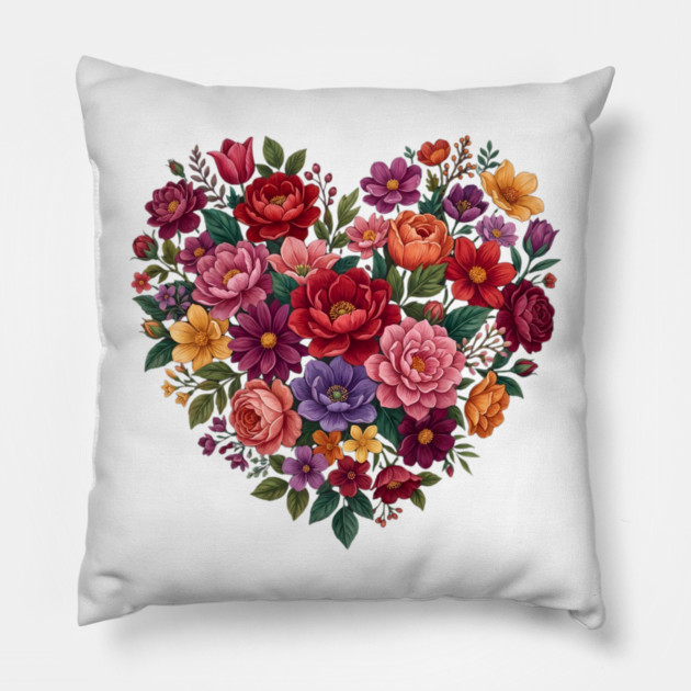 Floral Heart Bouquet Romantic Botanical Bloom Pillow by Creatifly Graphic Tees