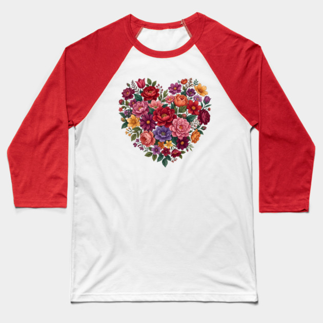 Floral Heart Bouquet Romantic Botanical Bloom Baseball T-Shirt by Creatifly Graphic Tees