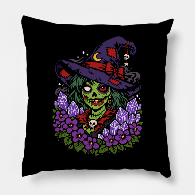 February Zombie Witch with Gems and Flowers Pillow by H. R. Sinclair
