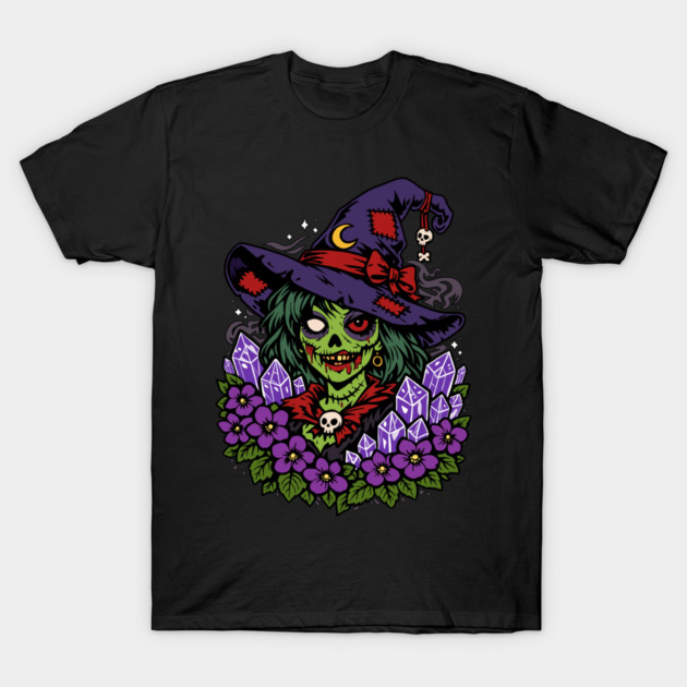 February Zombie Witch with Gems and Flowers T-Shirt by H. R. Sinclair