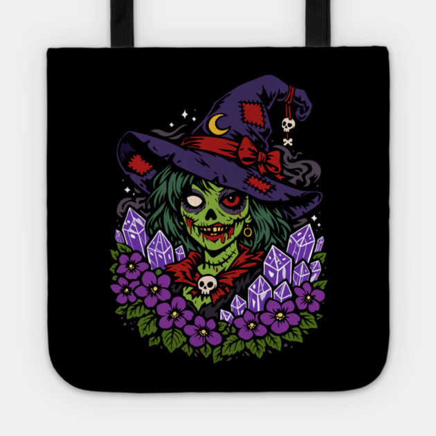 February Zombie Witch with Gems and Flowers Tote by H. R. Sinclair