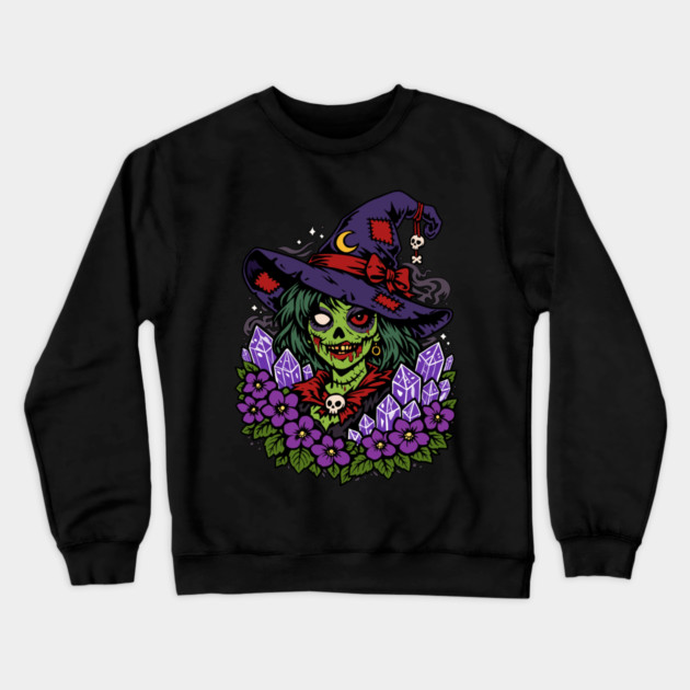 February Zombie Witch with Gems and Flowers Crewneck Sweatshirt by H. R. Sinclair