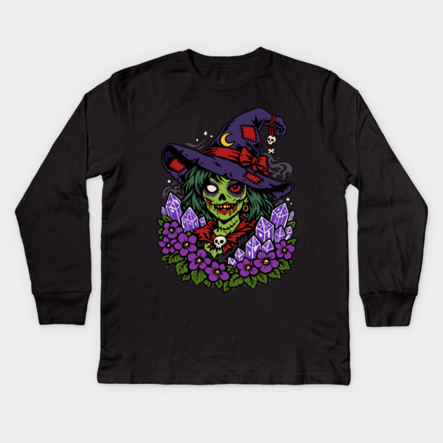 February Zombie Witch with Gems and Flowers Kids Long Sleeve T-Shirt by H. R. Sinclair