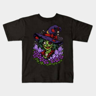 February Zombie Witch with Gems and Flowers Kids T-Shirt