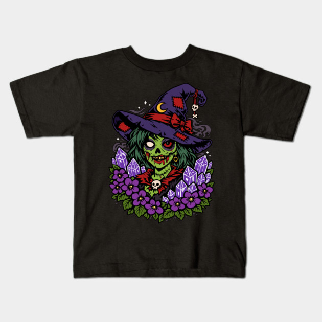 February Zombie Witch with Gems and Flowers Kids T-Shirt by H. R. Sinclair