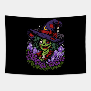 February Zombie Witch with Gems and Flowers Tapestry