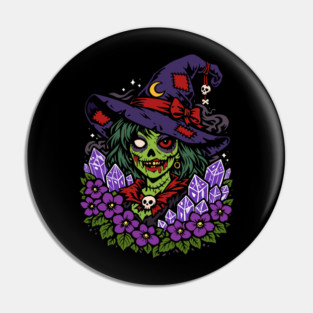 February Zombie Witch with Gems and Flowers Pin