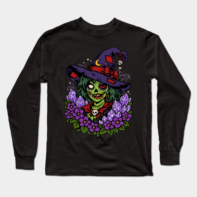 February Zombie Witch with Gems and Flowers Long Sleeve T-Shirt by H. R. Sinclair