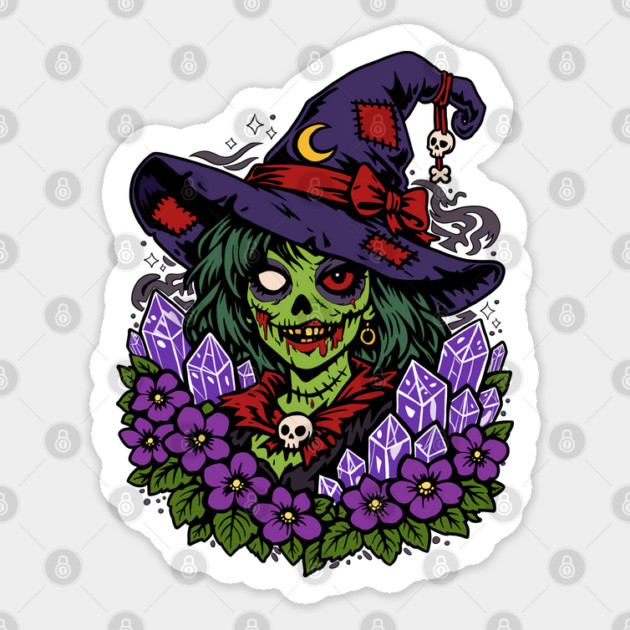 February Zombie Witch with Gems and Flowers Sticker by H. R. Sinclair