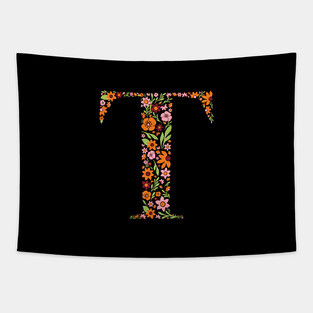 Retro Floral Letter T Tapestry