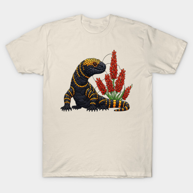Gila Monster Stained Glass Botanical Reptile Art T-Shirt by BirdsnStuff