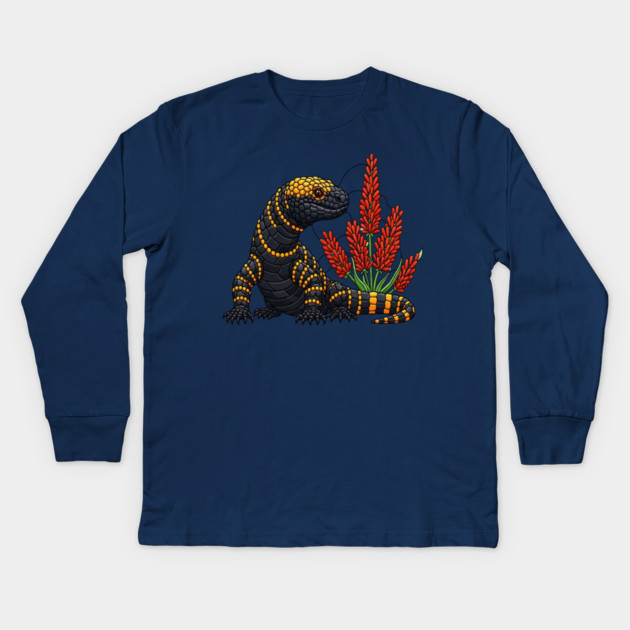 Gila Monster Stained Glass Botanical Reptile Art Kids Long Sleeve T-Shirt by BirdsnStuff