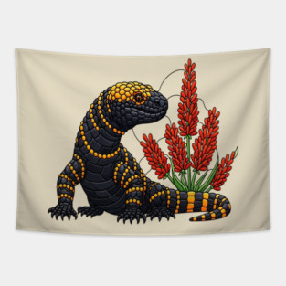 Gila Monster Stained Glass Botanical Reptile Art Tapestry