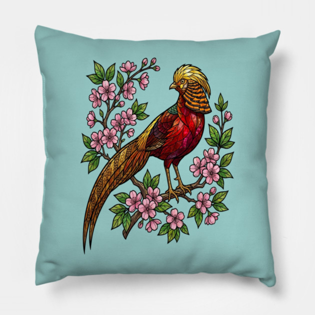 Golden Pheasant Stained Glass Botanical Bird Art Pillow by BirdsnStuff