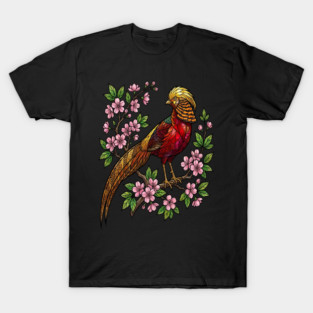 Golden Pheasant Stained Glass Botanical Bird Art T-Shirt