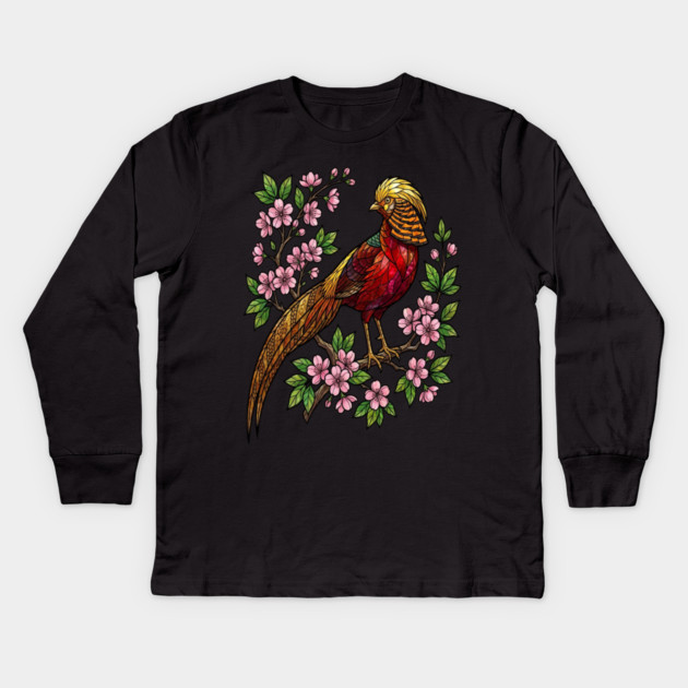 Golden Pheasant Stained Glass Botanical Bird Art Kids Long Sleeve T-Shirt by BirdsnStuff