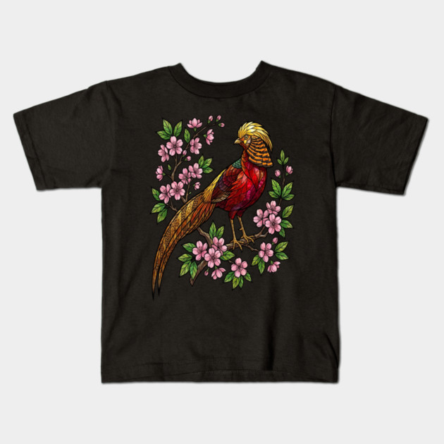 Golden Pheasant Stained Glass Botanical Bird Art Kids T-Shirt by BirdsnStuff