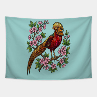 Golden Pheasant Stained Glass Botanical Bird Art Tapestry