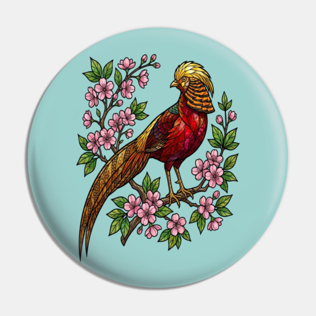 Golden Pheasant Stained Glass Botanical Bird Art Pin by BirdsnStuff