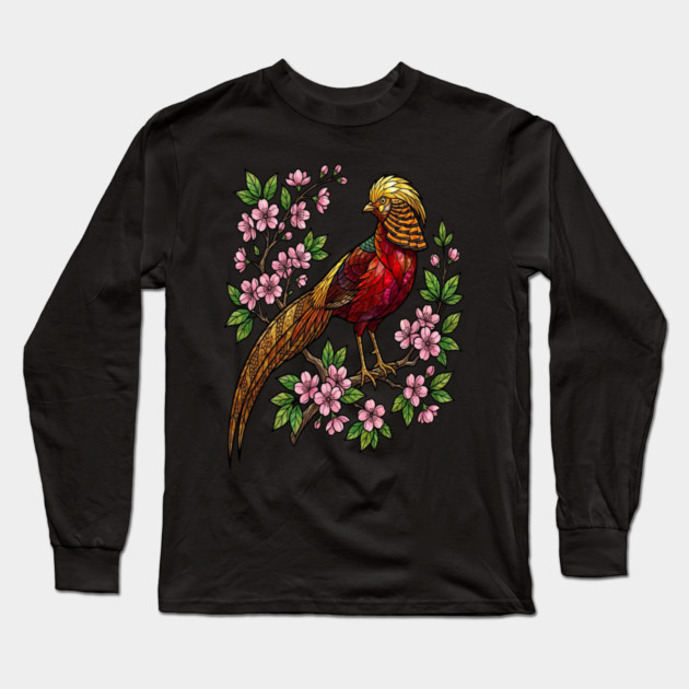 Golden Pheasant Stained Glass Botanical Bird Art Long Sleeve T-Shirt by BirdsnStuff