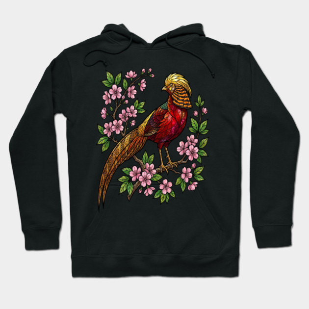 Golden Pheasant Stained Glass Botanical Bird Art Hoodie by BirdsnStuff
