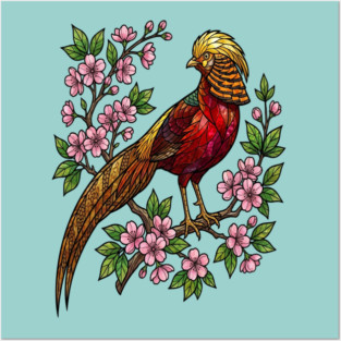 Golden Pheasant Stained Glass Botanical Bird Art Posters and Art