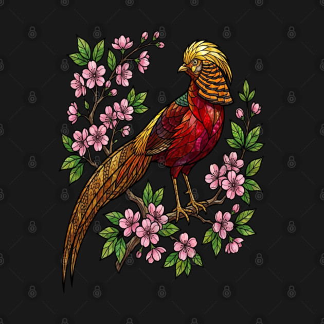 Golden Pheasant Stained Glass Botanical Bird Art by BirdsnStuff