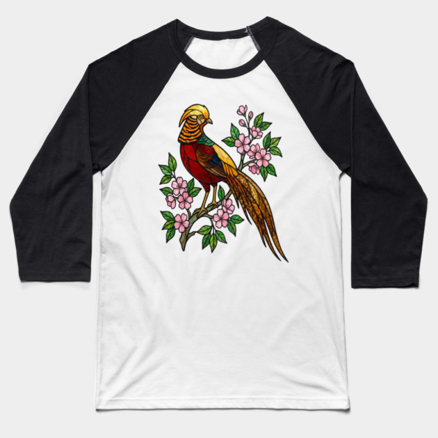 Golden Pheasant Stained Glass Floral Bird Art Baseball T-Shirt by BirdsnStuff