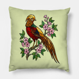 Golden Pheasant Stained Glass Floral Bird Art Pillow